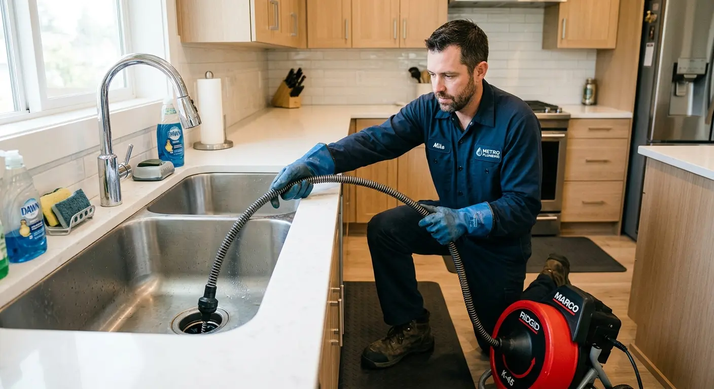 Drain cleaning technician using a motorized snake on a kitchen sink in Monroe